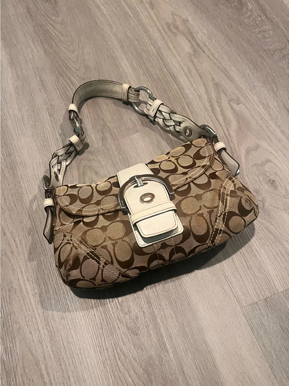 Coach SoHo Y2K Brown Signature Canvas Shoulder Bag with Chalk Trim
